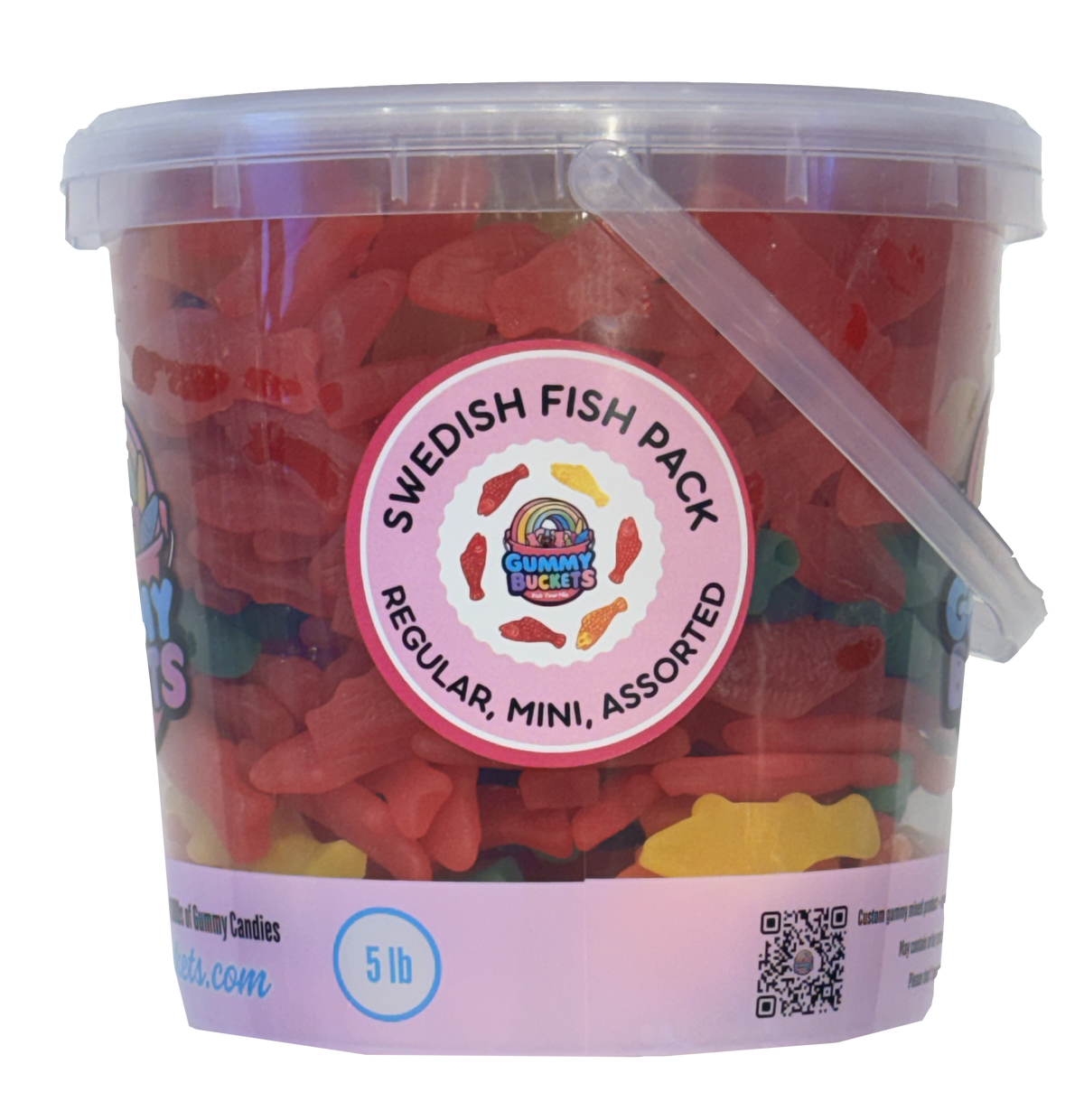 A 5 lb clear plastic bucket filled with assorted Swedish Fish gummy candies in red, pink, yellow, green, and orange, with a pink circular label reading 'Swedish Fish Pack' and the Candy Cakes logo.