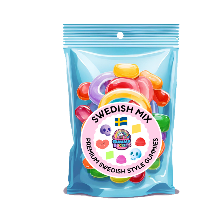 A light blue resealable stand-up pouch with a large clear window showing a soft, pastel-colored assortment of Swedish-style gummy candies including hearts, skulls, peaches, foam shapes, and jelly squares in pink, yellow, orange, white, and purple inside. A round pink label on the front reads 'SWEDISH MIX' and 'PREMIUM SWEDISH STYLE GUMMIES' with the Gummy Buckets logo surrounded by illustrated Swedish candy icons and a Swedish flag in the center.