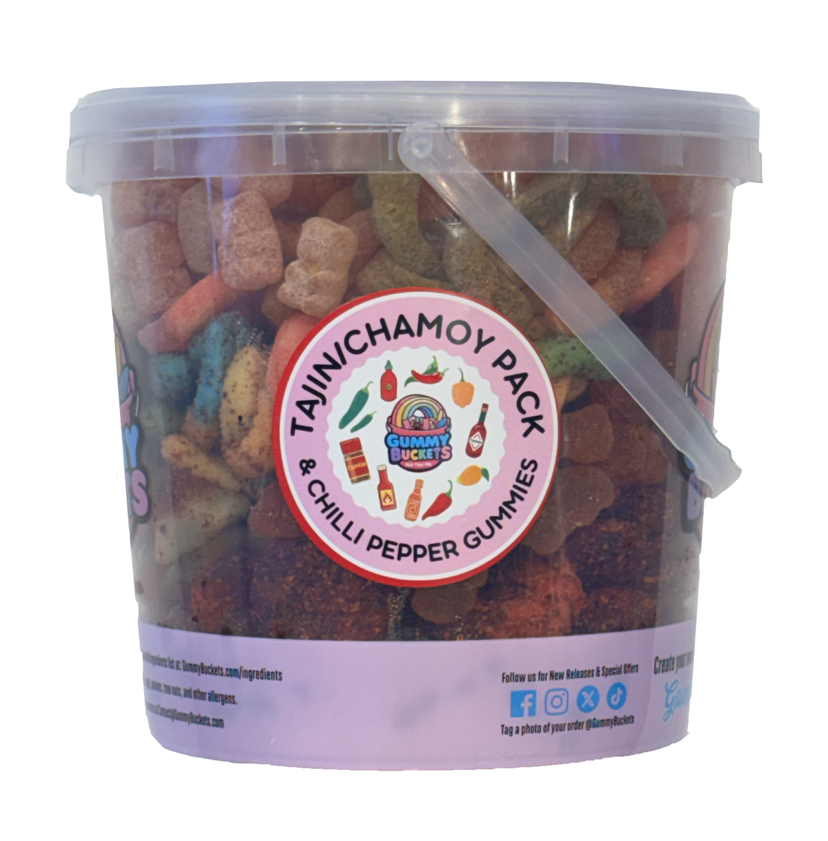 A clear plastic bucket filled with assorted colorful spicy gummy candies, featuring a white and red circular label that reads 'TAJINCHAMOY PACK & CHILLI PEPPER GUMMIES' with the 'Climate Controlled' brand logo. The bucket has a translucent lid, a clear plastic handle, and a light purple band at the bottom.