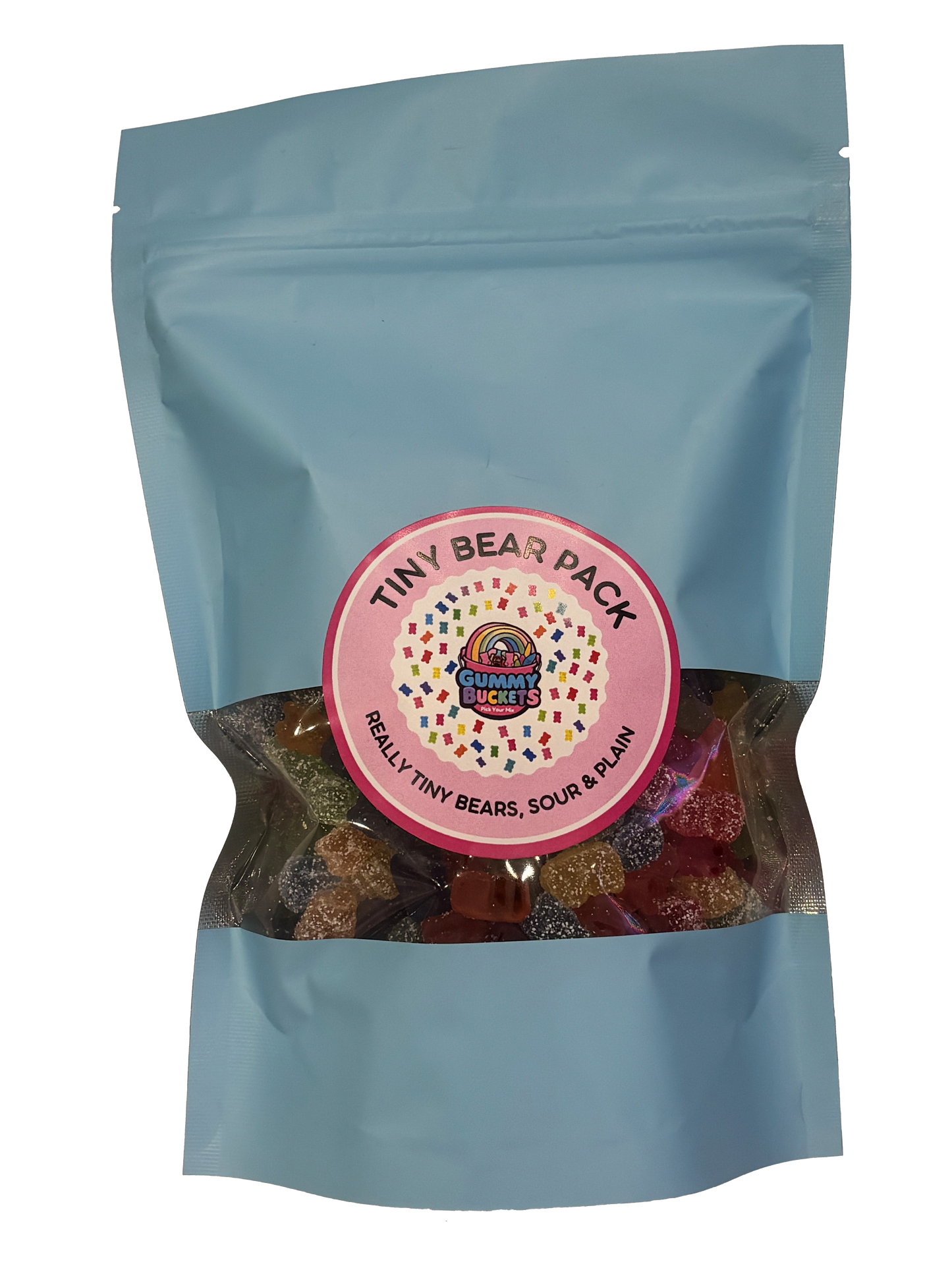 A light blue stand-up pouch of 'Tiny Bear Pack' gummy bears from 'The Candy Cloggers' on a white background.