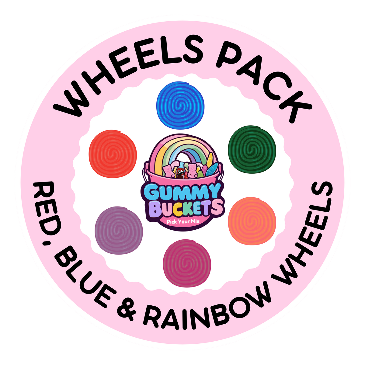 A circular graphic for a 'Wheels Pack' featuring the Gummy Buckets logo in the center, surrounded by eight colorful spiral wheel illustrations in red, blue, green, purple, orange, pink, and rainbow colors. The outer ring is light pink with black text reading 'WHEELS PACK' and 'RED, BLUE & RAINBOW WHEELS'.