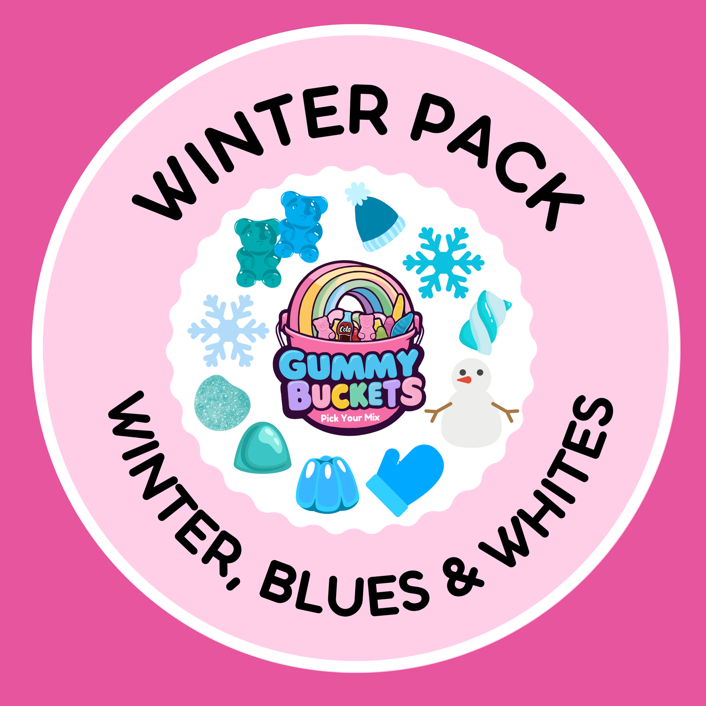 Gummy Buckets winter-themed product packaging with text on a pink background