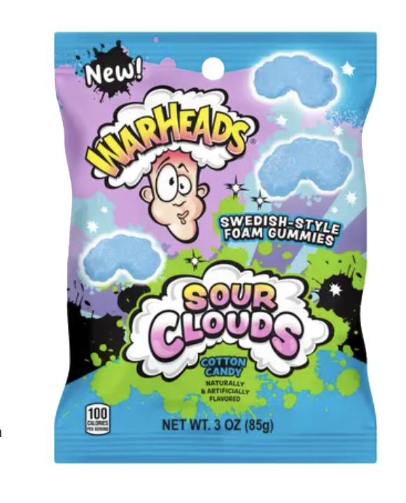 Blue WARHEADS Sour Clouds cotton candy foam gummy pouch with cloud illustrations.