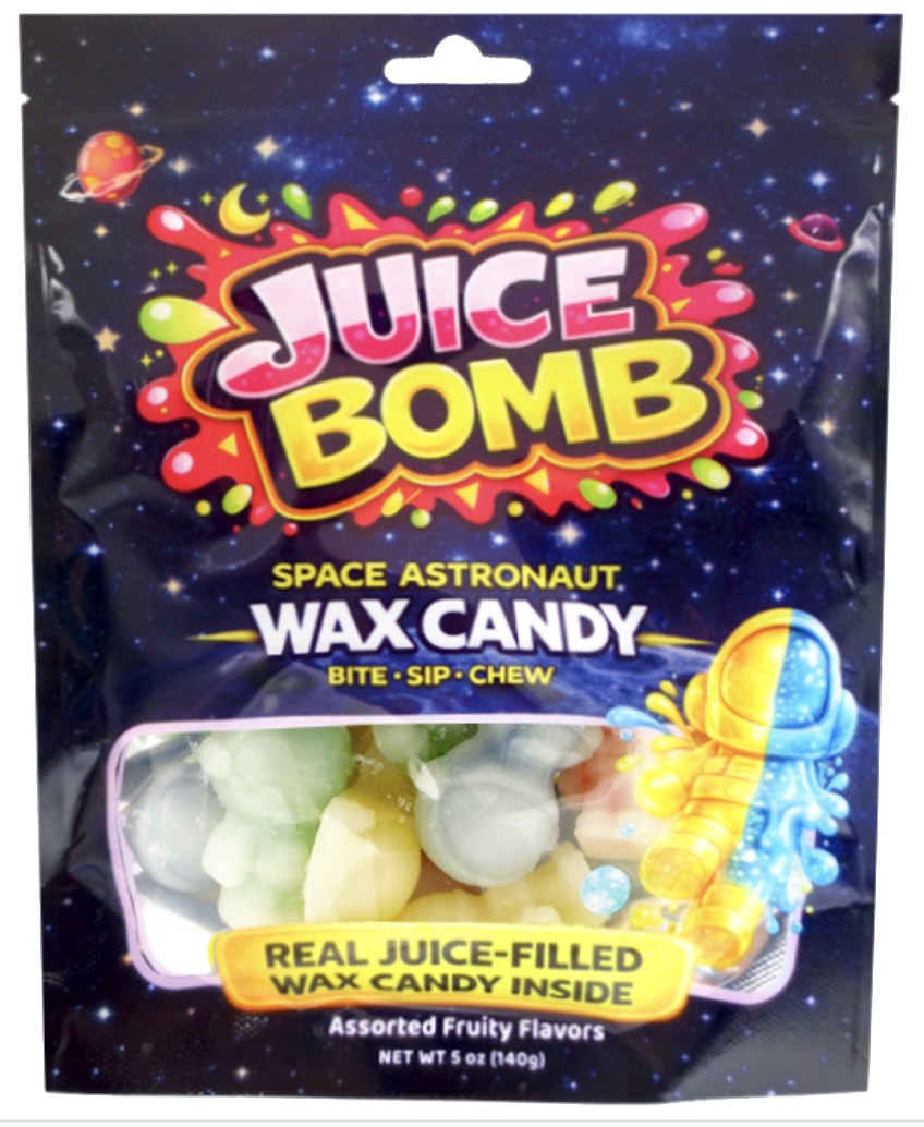 Juice Bomb Space Astronaut wax candy pouch with pastel astronaut-shaped candies visible through its window.