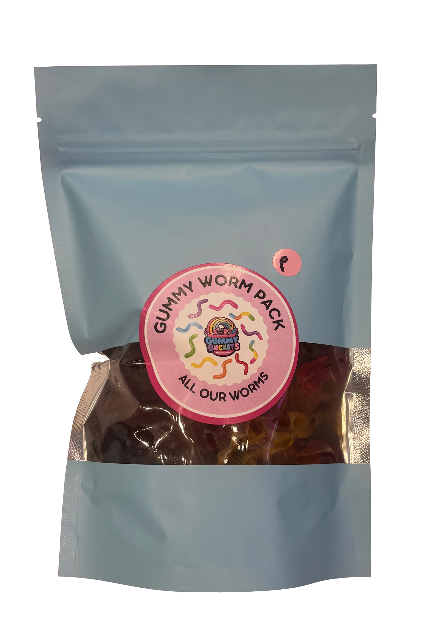 A light blue stand-up pouch of gummy worms candy with a clear window showing the colorful gummies inside. A circular pink and white label on the front reads 'GUMMY WORM PACK' and 'ALL OUR WORKS'.