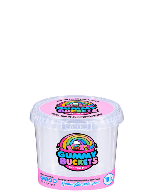 A clear plastic Gummy Bucket container with a pink lid and a colorful Gummy Buckets logo label on the front, shown on a plain white background.