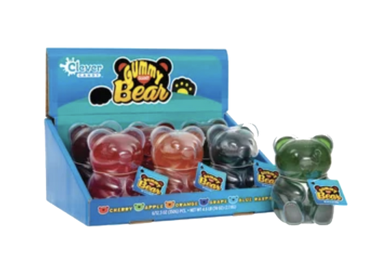 Clever Candy display box of large gummy bears with individually packaged red and green bears.