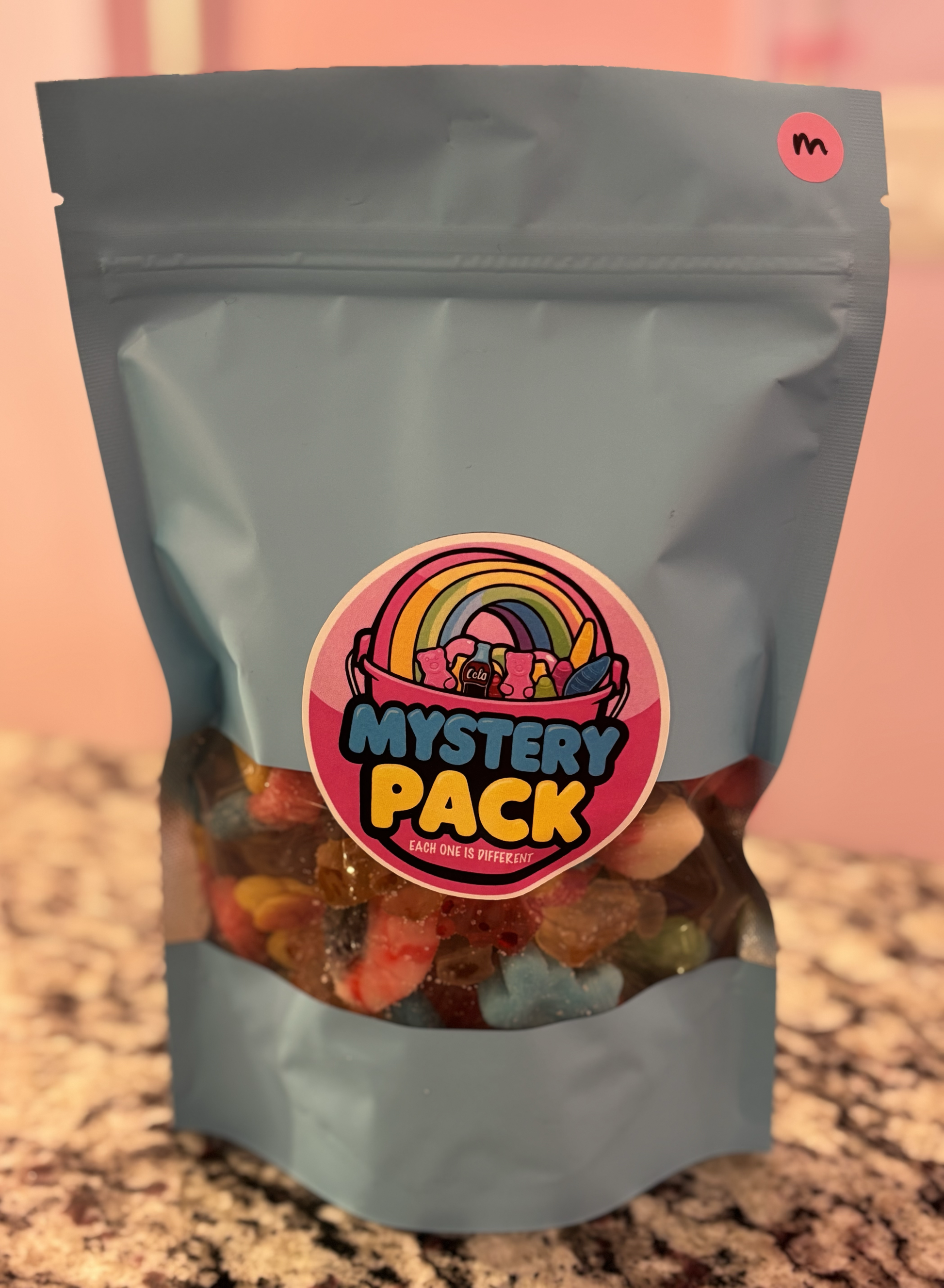 1 Pound Mystery Bag of Candy with both plain and sour gummies.