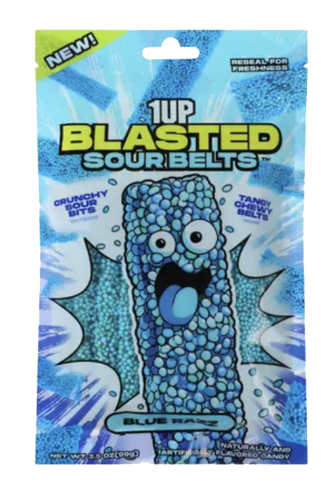 Blue 1UP Blasted Sour Belts Blue Razz pouch showing a candy-covered cartoon belt.