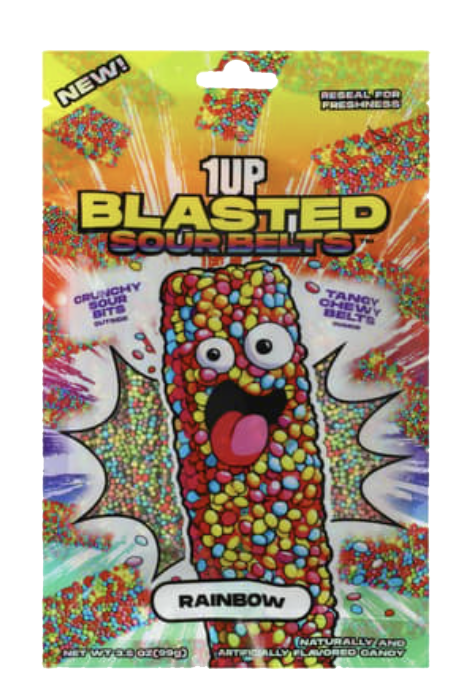 Multicolored 1UP Blasted Sour Belts Rainbow pouch showing a candy-covered cartoon belt.