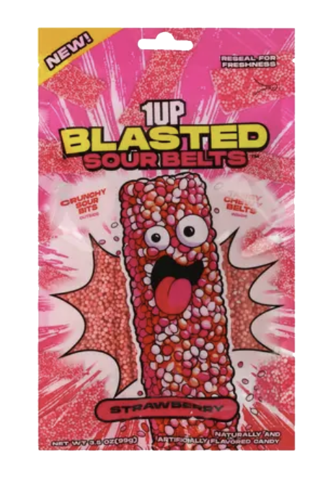 Pink 1UP Blasted Sour Belts Strawberry pouch showing a candy-covered cartoon belt.