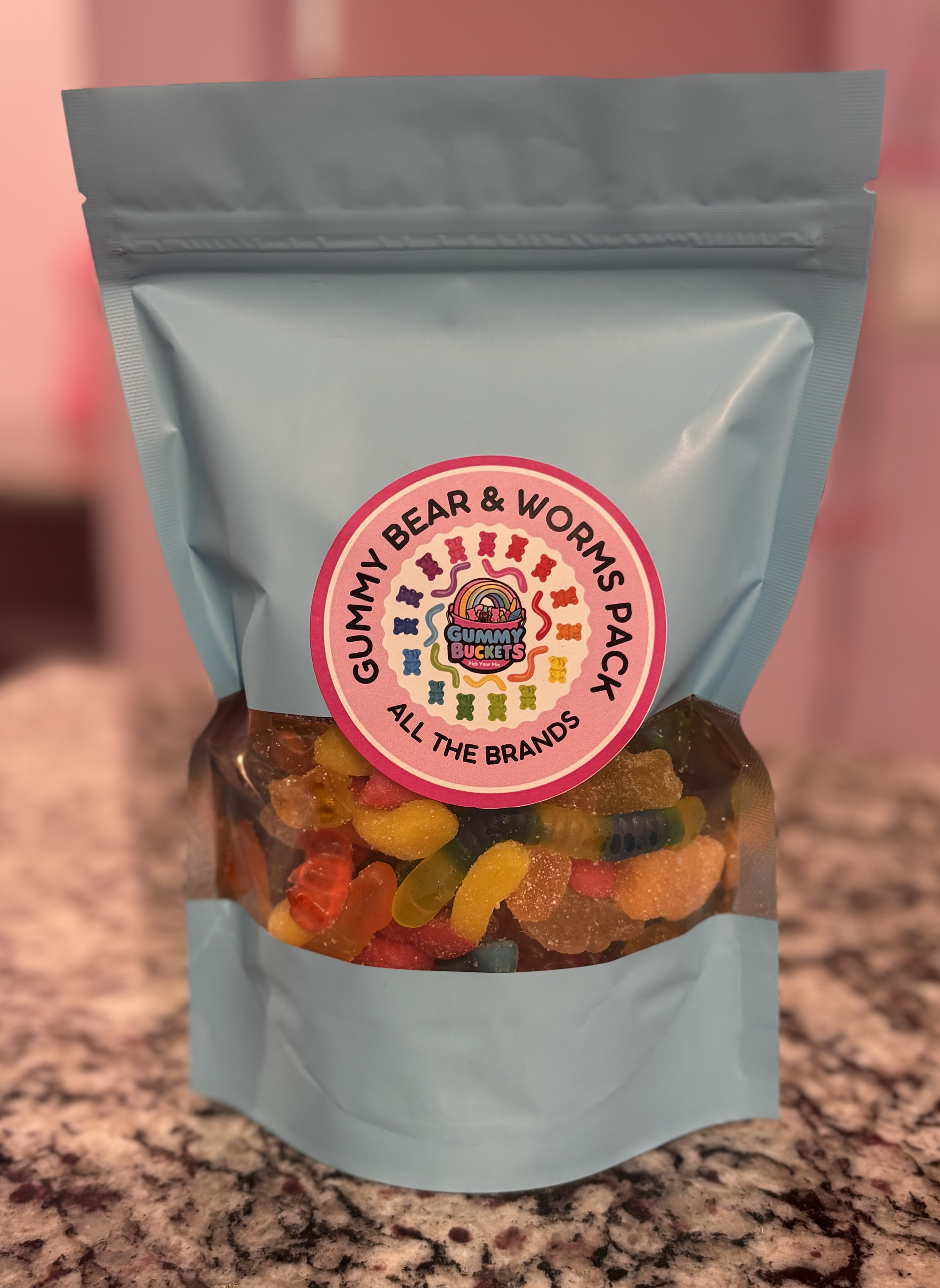 1 Pound Package of Gummy Bear and Worm Candy from Gummy Buckets