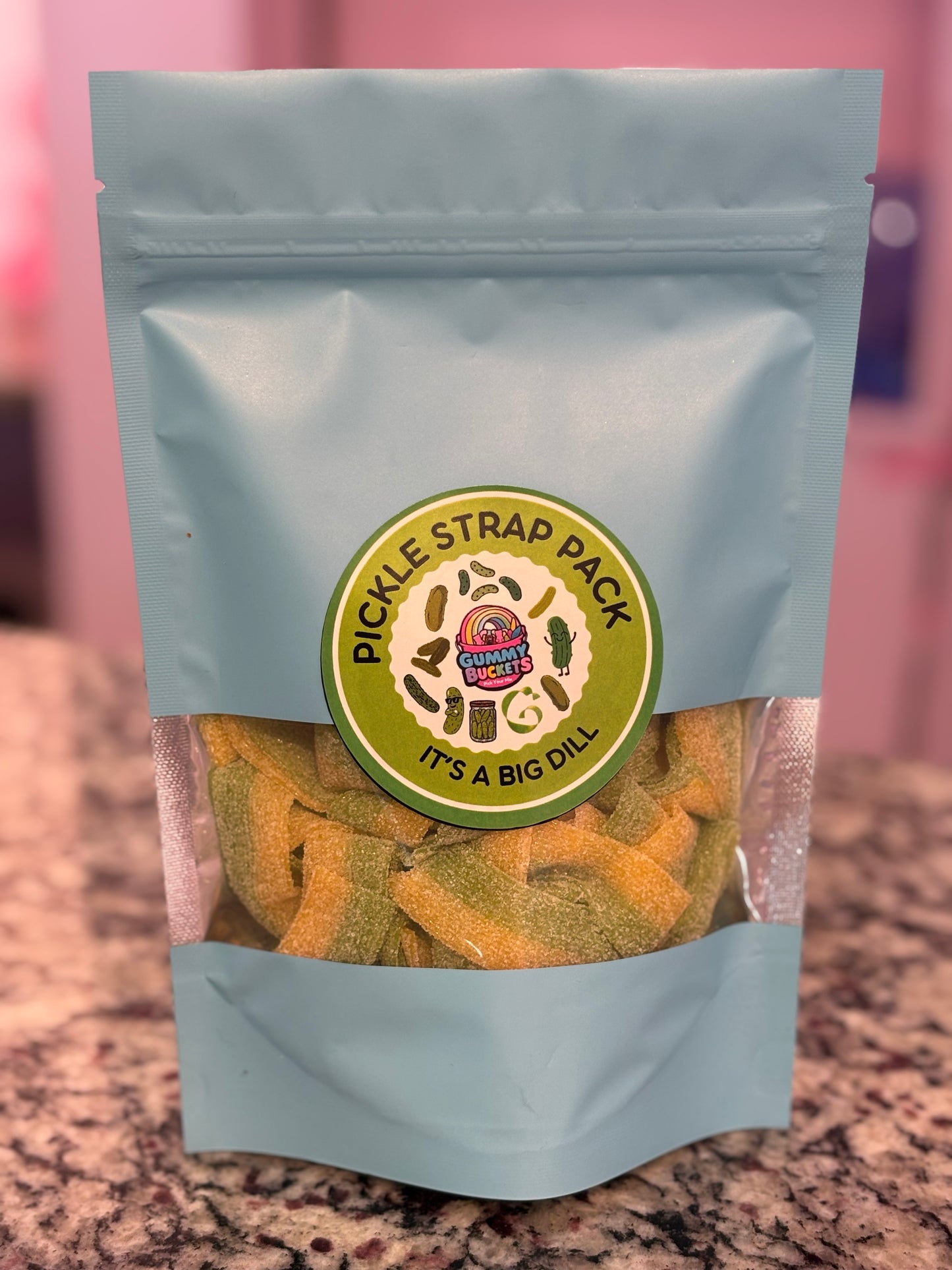 1 Pound Package of Pickle Gummy Strap Candy from Gummy Buckets