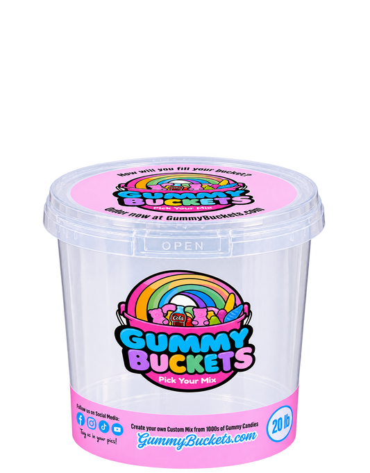 A clear plastic lidded tub with a pink and multicolor Gummy Buckets label on the lid and a matching pink label around the lower side, shown on a plain white background.