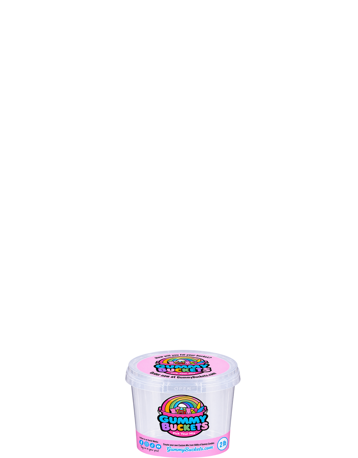 A clear plastic tub of Gummy Buckets Sour Candy with a pink lid and colorful label, shown against a solid white background.