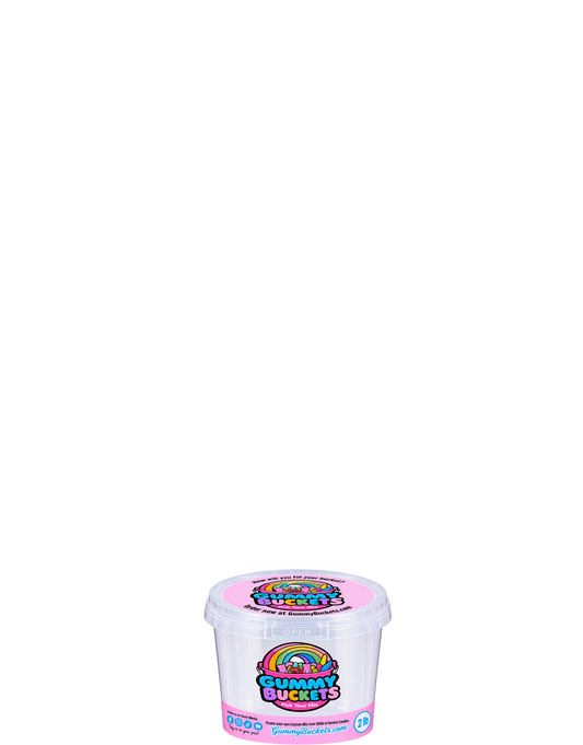 A clear plastic tub of Gummy Buckets Sour Candy with a pink lid and colorful label, shown against a solid white background.
