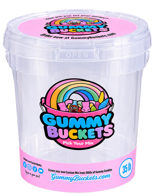 A clear plastic tub of Gummy Buckets custom candy mix with a pink lid and a colorful rainbow logo on the front, set against a plain white background.