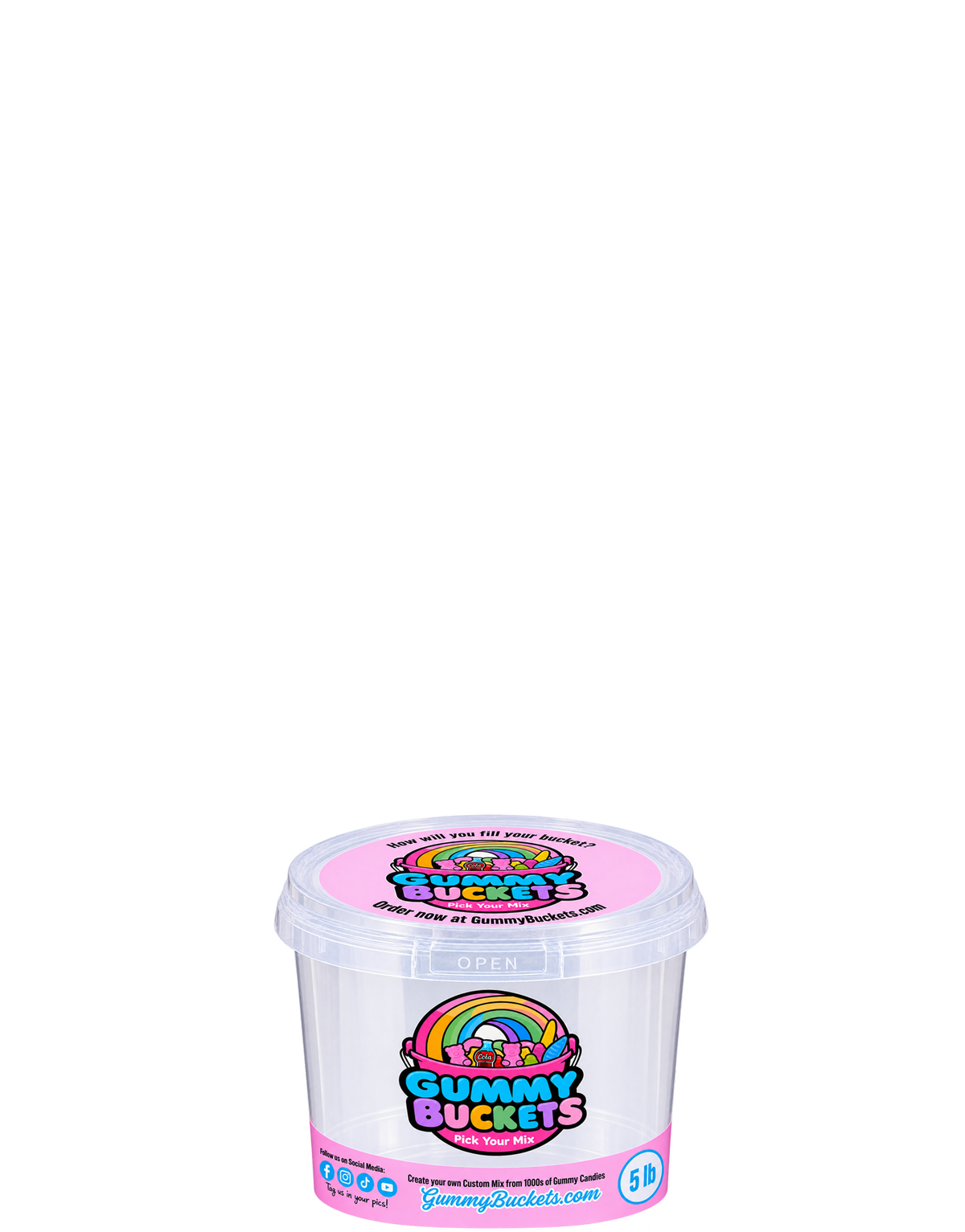 A clear plastic tub of Gummy Buckets Socks candy with a pink lid and colorful label, set against a plain white background.