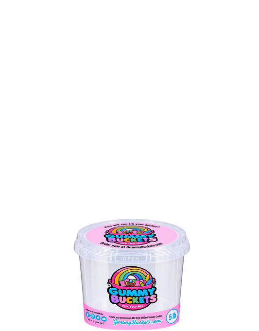 A clear plastic tub of Gummy Buckets Socks candy with a pink lid and colorful label, set against a plain white background.