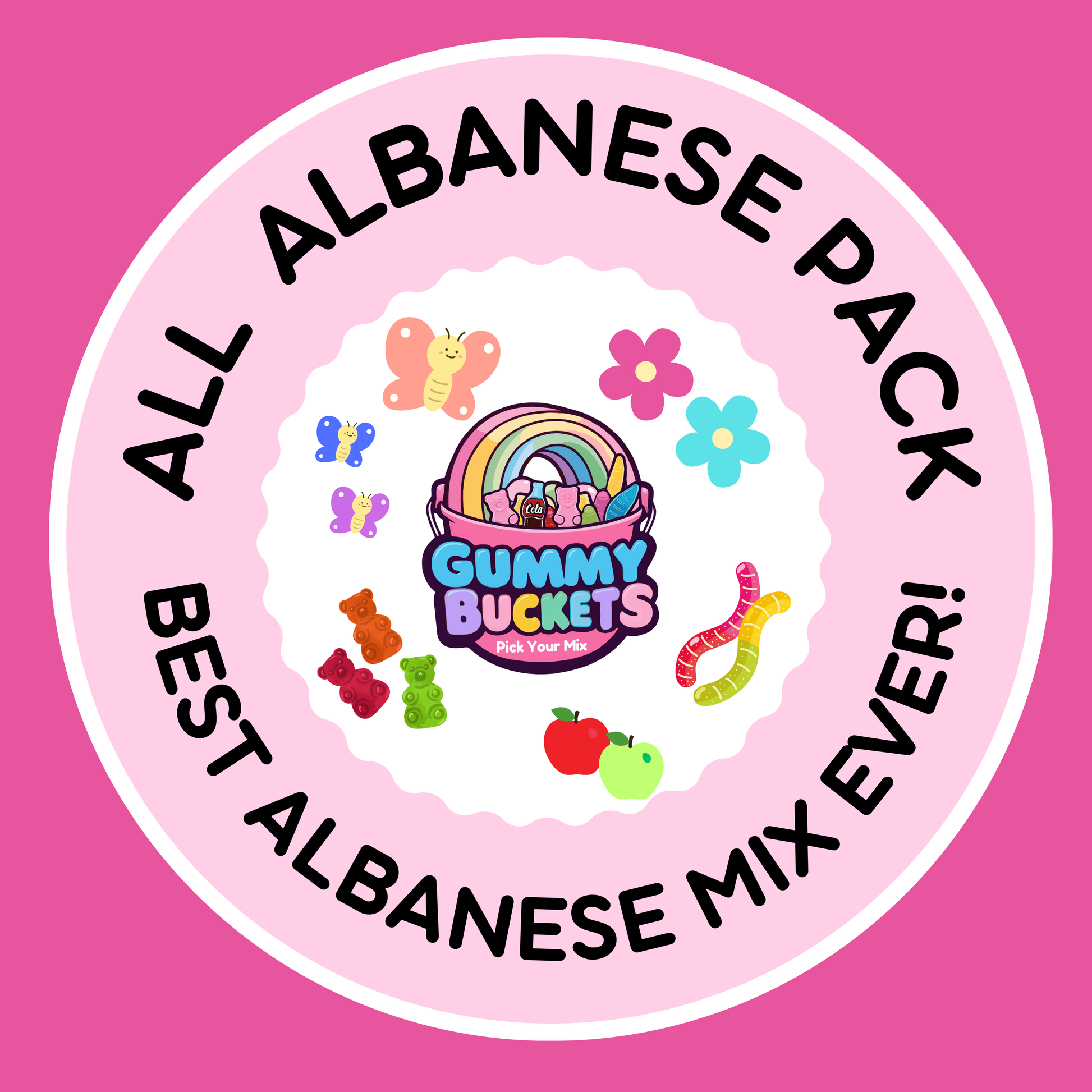 Circular logo for Gummy Buckets with colorful gummy bears and AlbanesePack text on a pink background