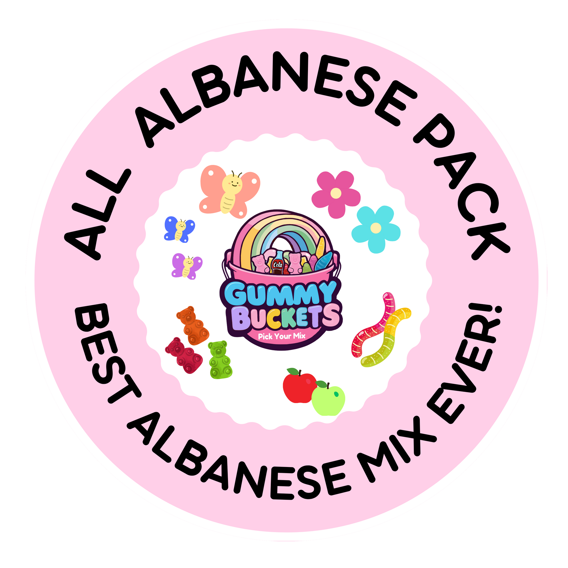 A circular pink graphic with black text reading 'ALL ALBANESE PACK' and 'BEST ALBANESE MIX EVER!' around a cartoon gummy bucket illustration with colorful gummies and fruit on a white background.
