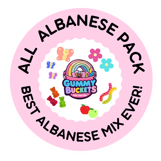 A circular pink graphic with black text reading 'ALL ALBANESE PACK' and 'BEST ALBANESE MIX EVER!' around a cartoon gummy bucket illustration with colorful gummies and fruit on a white background.