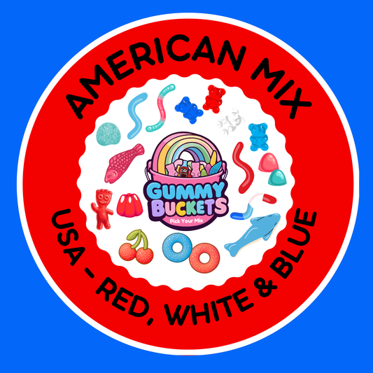 Logo of American Mix Gummy Buckets with colorful gummy treats on a blue background