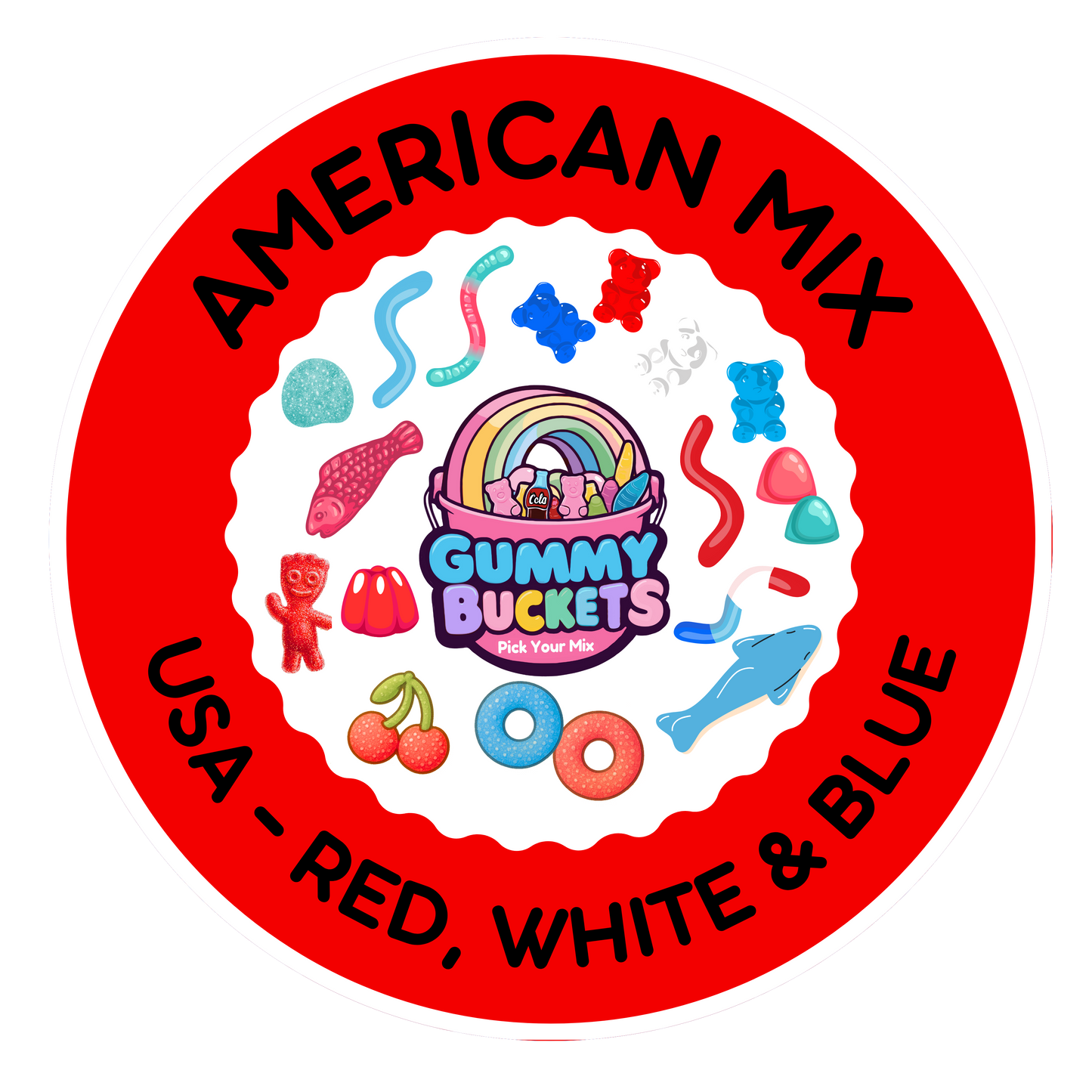 A circular red and white graphic label reading 'AMERICAN MIX' and 'USA - RED, WHITE & BLUE' around a central 'Gummy Buckets' logo, with colorful candy illustrations including gummy bears, worms, cherries, and rings.