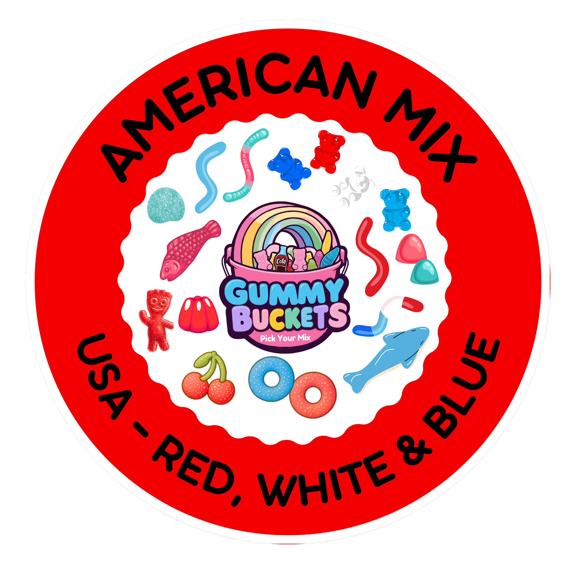 A circular red and white graphic label reading 'AMERICAN MIX' and 'USA - RED, WHITE & BLUE' around a central 'Gummy Buckets' logo, with colorful candy illustrations including gummy bears, worms, cherries, and rings.