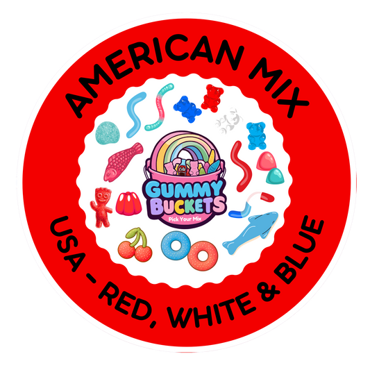 A circular red and white graphic label reading 'AMERICAN MIX' and 'USA - RED, WHITE & BLUE' around a central 'Gummy Buckets' logo, with colorful candy illustrations including gummy bears, worms, cherries, and rings.