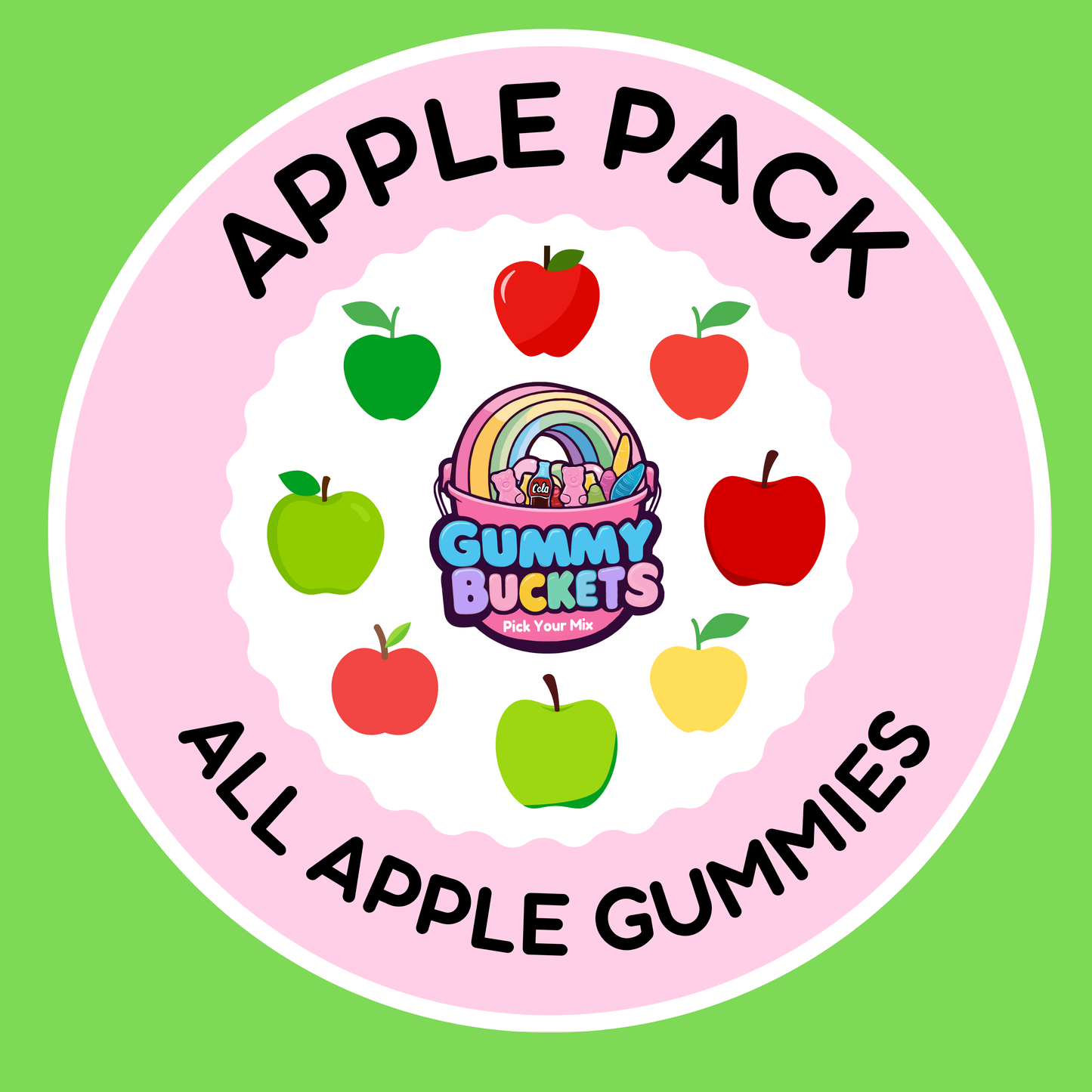 Circular logo with colorful apples and 'Gummy Buckets' branding on a green background