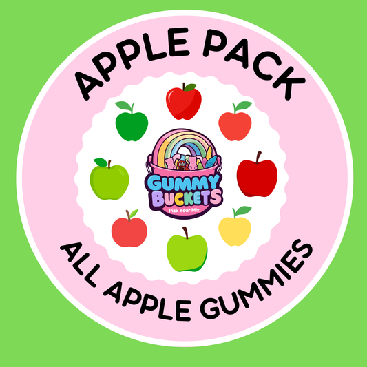 Circular logo with colorful apples and 'Gummy Buckets' branding on a green background