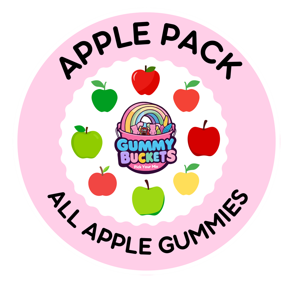 A circular pink graphic with the words 'APPLE PACK' at the top and 'ALL APPLE GUMMIES' at the bottom, surrounding a central logo that reads 'Gummy Buckets' with a rainbow and gummy characters. The design includes illustrated apples in green, red, and yellow around the center on a white scalloped background.