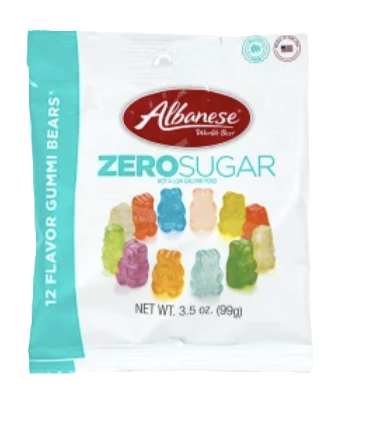 Albanese Zero Sugar gummy candy packaging.