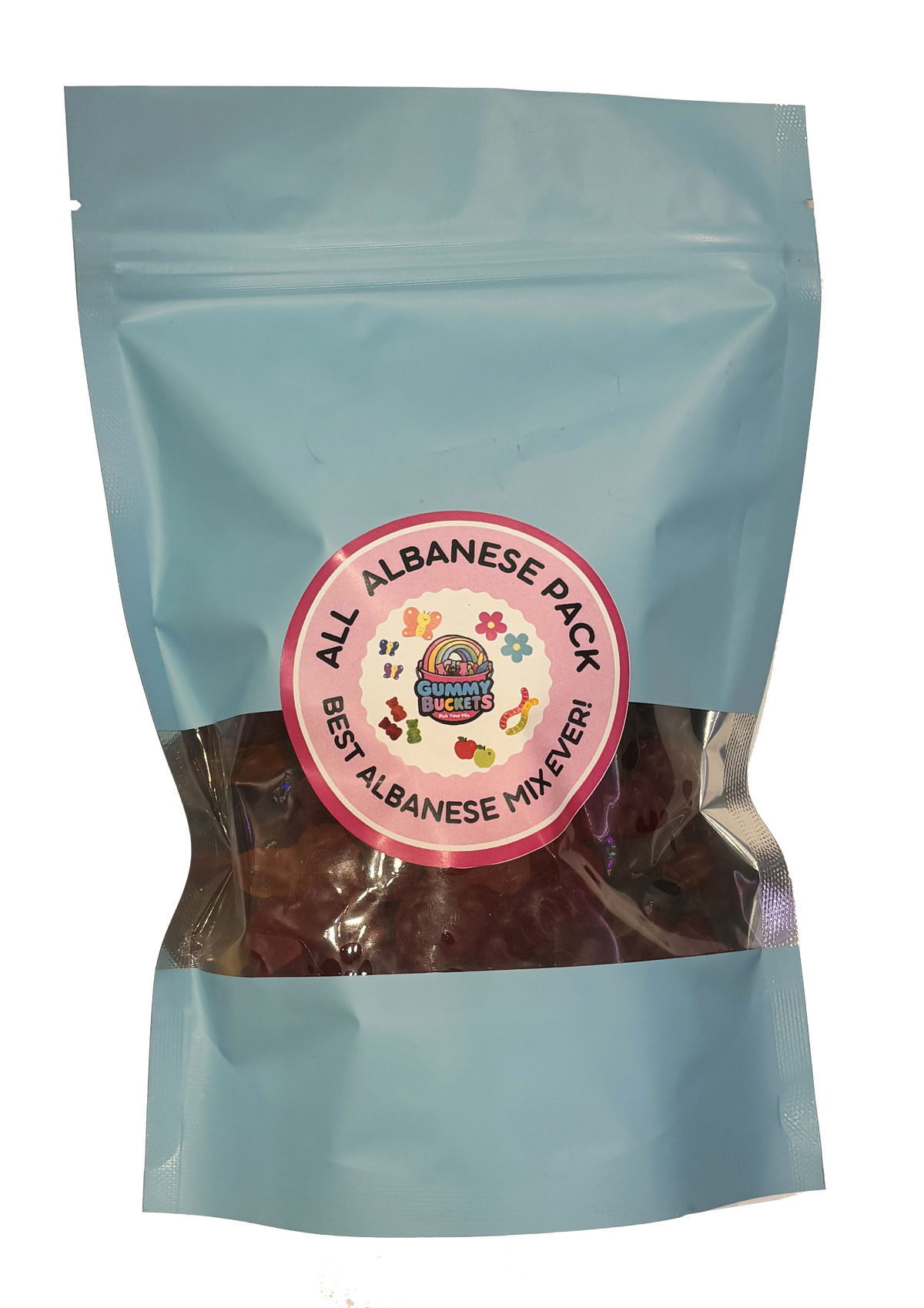 An illustrated light blue resealable bag filled with colorful Albanese gummy candies including rings, bears, and fruit shapes. A round pink label reads 'ALL ALBANESE PACK' and 'BEST ALBANESE MIX EVER!' with the Gummy Buckets logo.