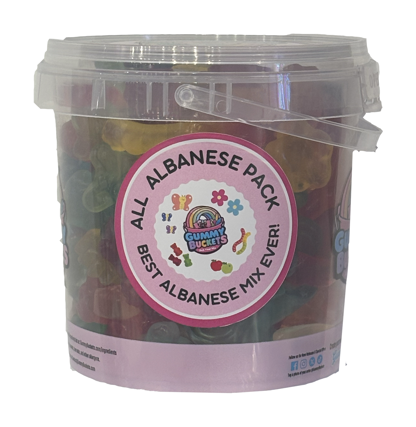 A clear plastic bucket filled with assorted gummy candies, featuring a large pink circular label that reads 'ALL ALBANESE PACK - BEST ALBANESE MIX EVER!' with the Gummy Bites logo.
