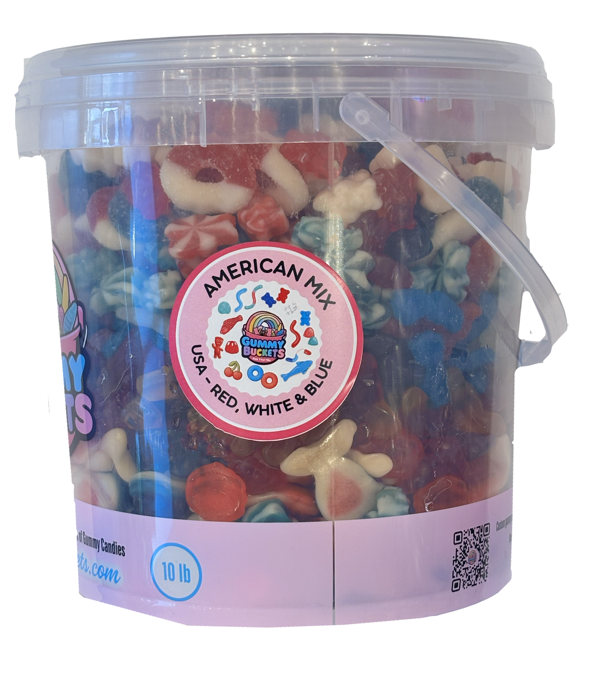 A 10 lb clear plastic tub filled with assorted gummy candies, featuring a pink and white label with a circular 'American Mix' sticker. The tub has a clear lid and a translucent handle, shown against a plain white background.