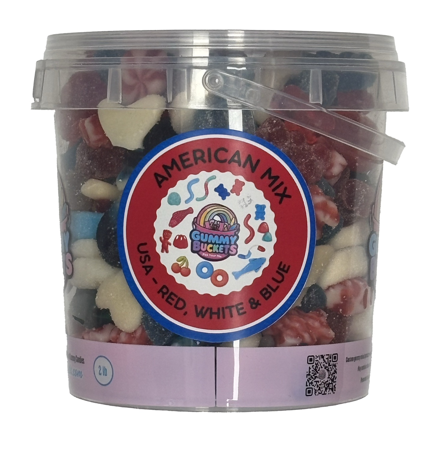 A clear plastic bucket filled with assorted gummy candies, featuring a large round red, white, and blue label that reads 'AMERICAN MIX' and 'USA - RED, WHITE & BLUE.' The bucket has a transparent lid with a clear handle and sits on a white background.