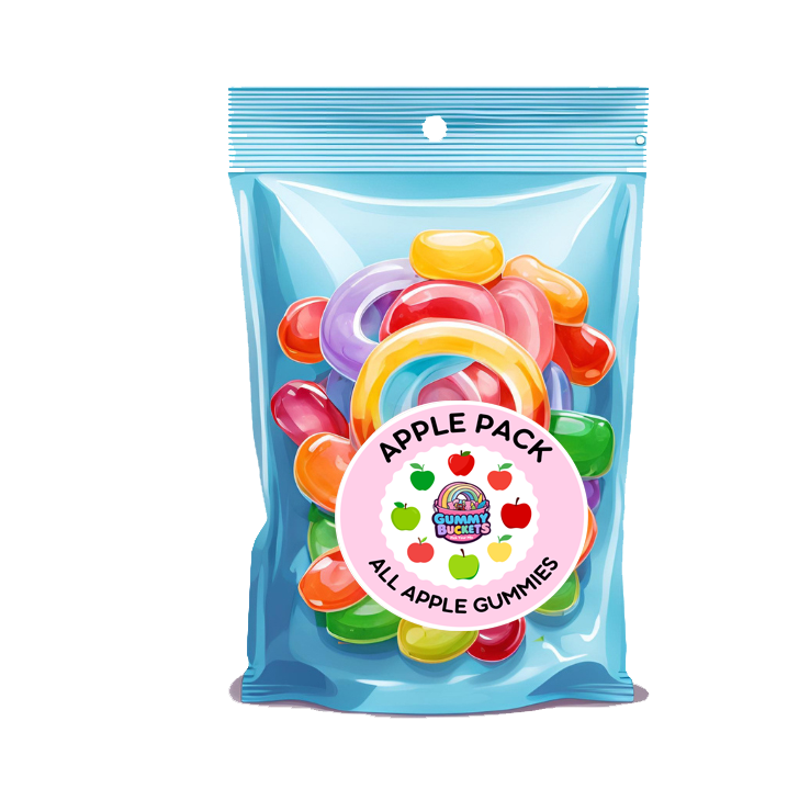 Pack of colorful apple gummy candies with a clear window on a white background