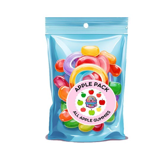 Pack of colorful apple gummy candies with a clear window on a white background