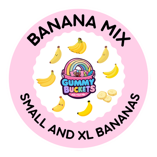 A circular pink and white label graphic for Gummy Buckets Banana Mix, featuring cartoon bananas and banana slices around the text 'BANANA MIX' and 'SMALL AND XL BANANAS' with the Gummy Buckets logo in the center.