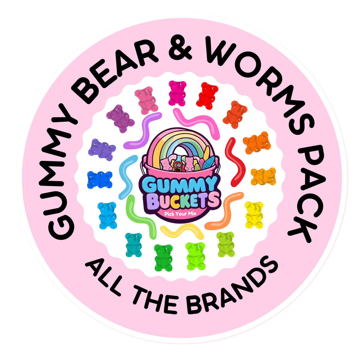A circular pink graphic with the text 'GUMMY BEAR & WORMS PACK' and 'ALL THE BRANDS' surrounding a central logo that reads 'Gummy Buckets' with 'Shop With Me' underneath. The center and ring are decorated with colorful gummy bears and wavy gummy worms in many bright shades.