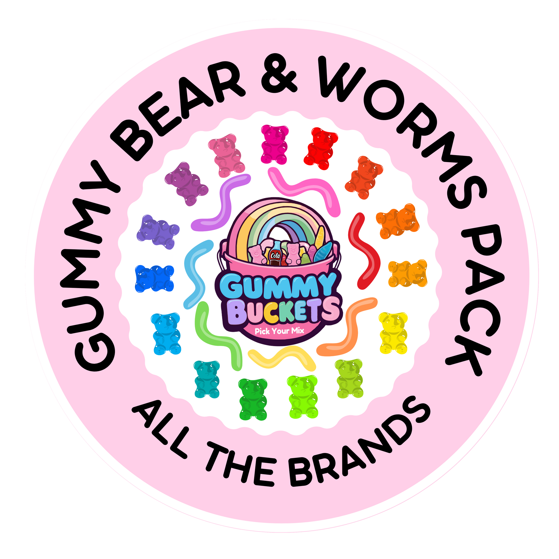 A circular pink graphic with the text 'GUMMY BEAR & WORMS PACK' and 'ALL THE BRANDS' surrounding a central logo that reads 'Gummy Buckets' with 'Shop With Me' underneath. The center and ring are decorated with colorful gummy bears and wavy gummy worms in many bright shades.