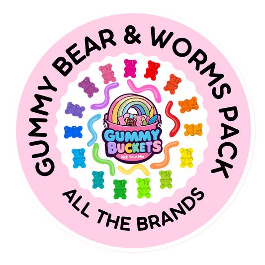 A circular pink graphic with the text 'GUMMY BEAR & WORMS PACK' and 'ALL THE BRANDS' surrounding a central logo that reads 'Gummy Buckets' with 'Shop With Me' underneath. The center and ring are decorated with colorful gummy bears and wavy gummy worms in many bright shades.