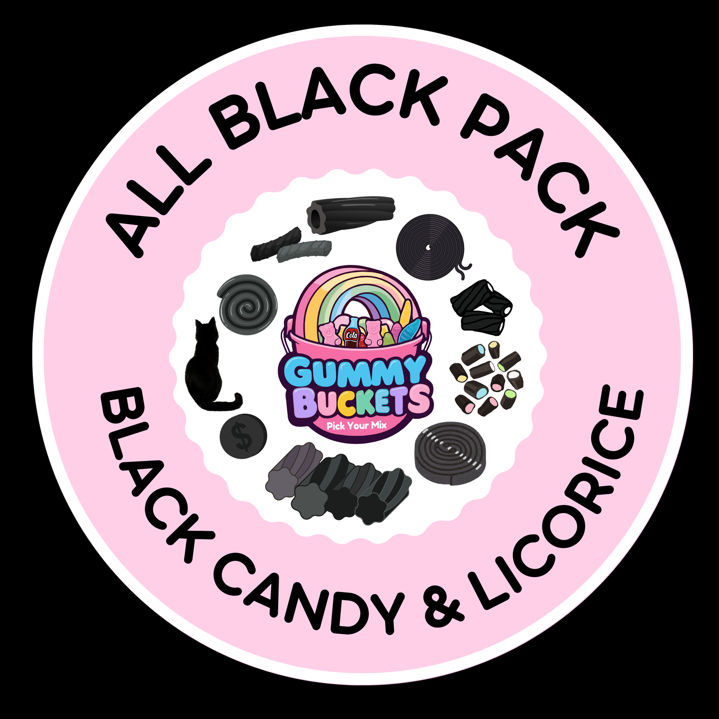 Round label with 'All Black Pack' text and gummy buckets design on a pink background
