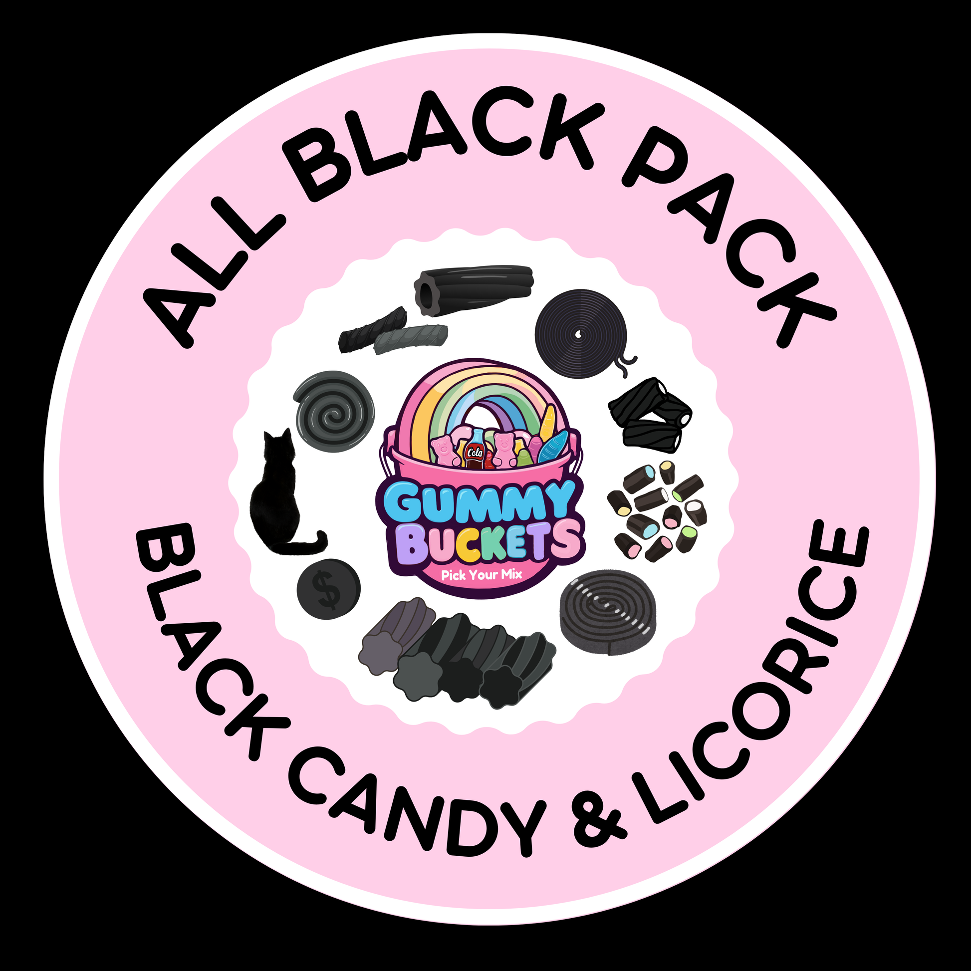 Round label with 'All Black Pack' text and gummy buckets design on a pink background