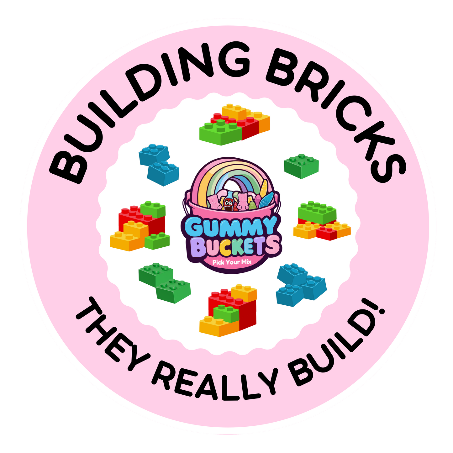 Circular logo for Gummy Buckets with colorful building blocks and a pink border.