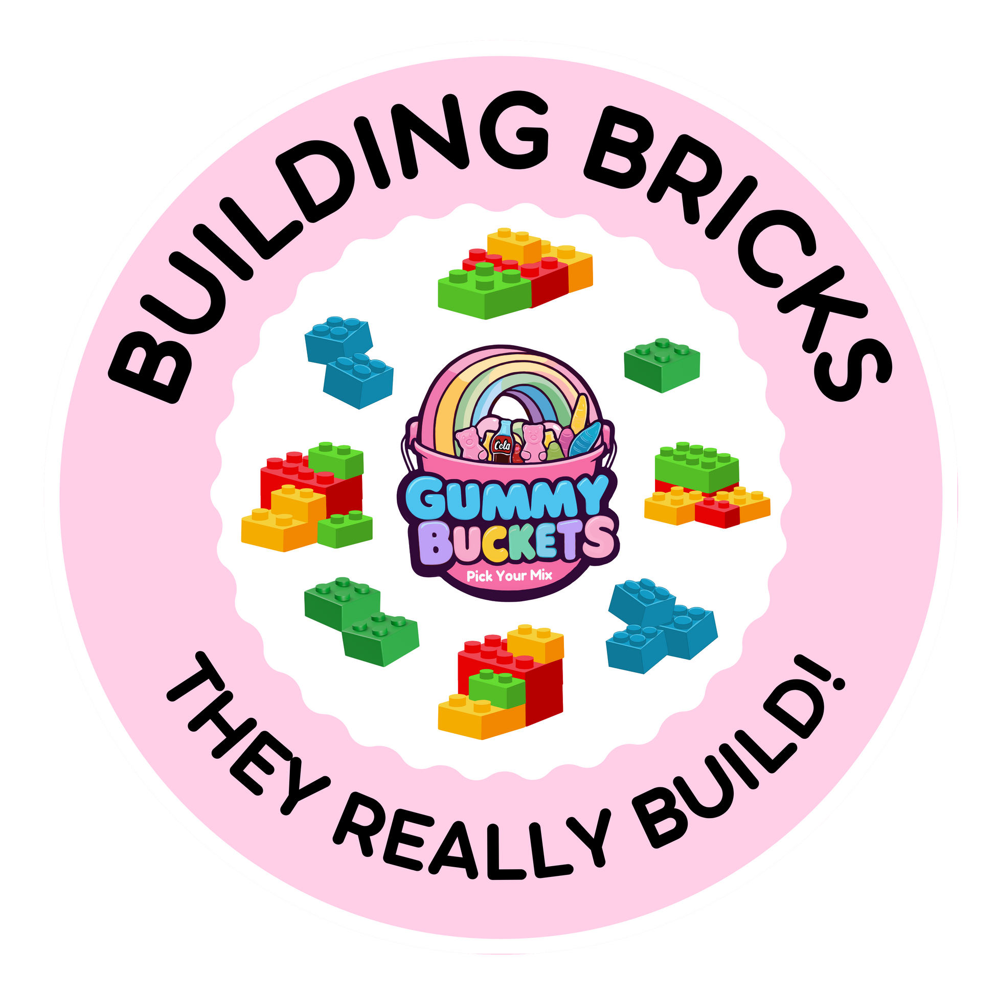 Circular logo for Gummy Buckets with colorful building blocks and a pink border.