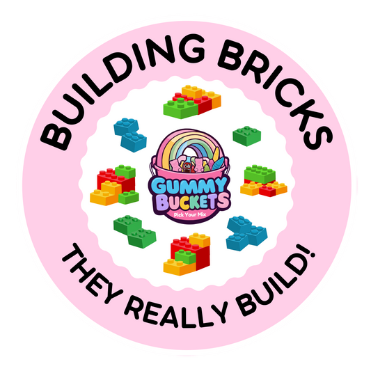 Circular logo for Gummy Buckets with colorful building blocks and a pink border.