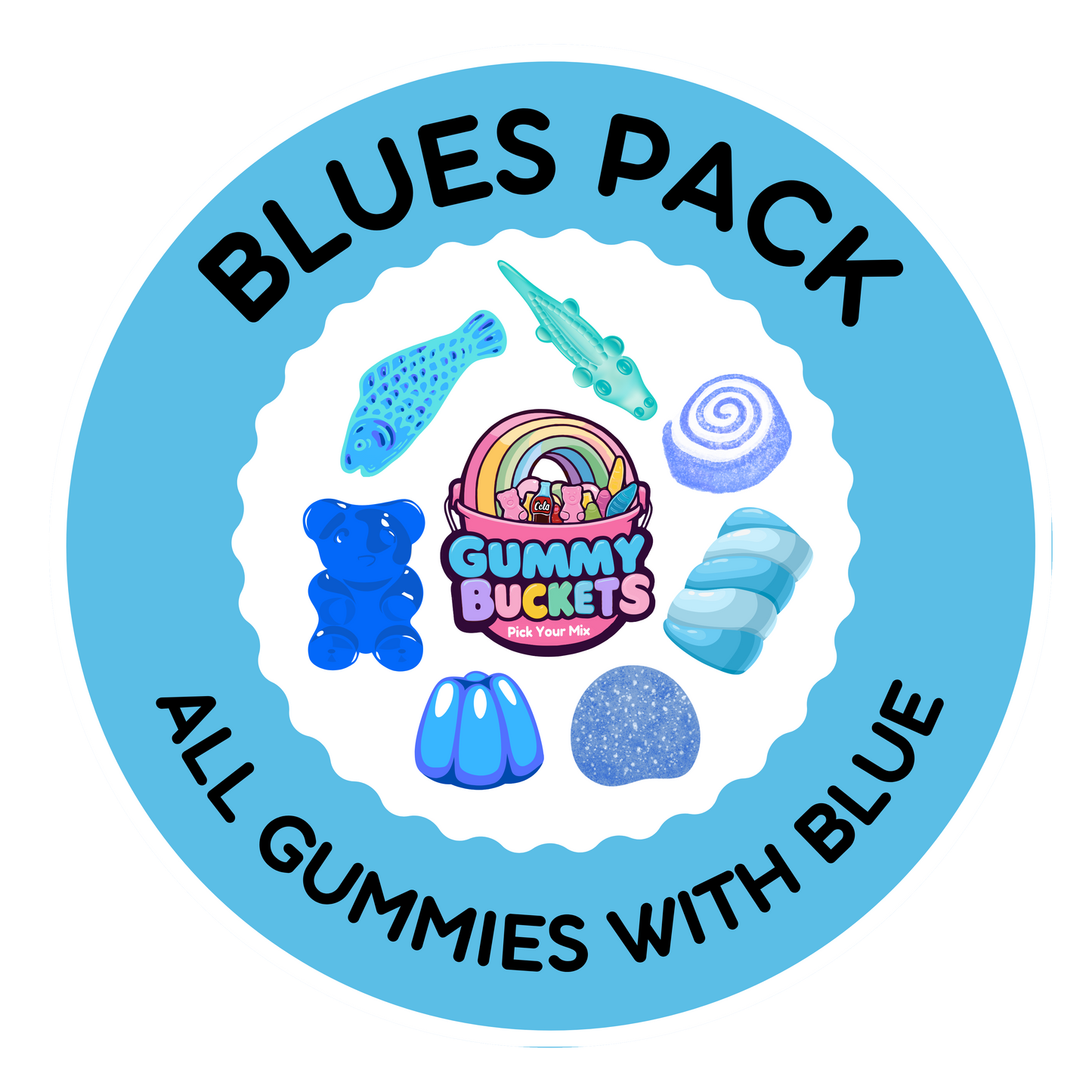 A circular graphic labeled 'BLUES PACK' with the text 'ALL GUMMIES WITH BLUE' around the edge. The center shows a colorful assortment of blue gummy candies, including a rainbow gummy bucket, a blue bear gummy, jelly beans, a blue gummy bear, a blue spiral gummy, and a blue fish gummy, all under the Gummy BUCKS brand.